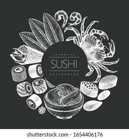 Japanese cuisine design template. Sushi hand drawn vector illustration on chalk board. Vintage style asian food background.