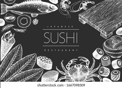 Japanese cuisine design template. Sushi hand drawn vector illustration on chalk board. Vintage style asian food background.