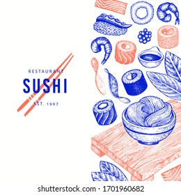 Japanese cuisine design template. Sushi hand drawn vector illustrations. Vintage style Asian food background.