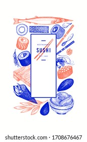 Japanese cuisine design template. Sushi hand drawn vector illustrations. Vintage style Asian food background.