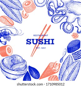 Japanese cuisine design template. Sushi hand drawn vector illustrations. Vintage style Asian food background.