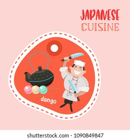 Japanese cuisine. Japanese desserts, sweets and tea. Japanese chef with a large cooking knife. Vector illustration in cartoon style.