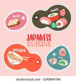 Japanese cuisine. Japanese desserts, sweets, tempura, sushi, seafood soup. Vector illustration in cartoon style.