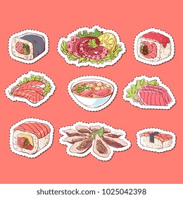 Japanese cuisine dishes isolated labels. Octopus, oysters, tuna, nigiri, sushi roll with shrimps, sashimi with salmon, soup with seafoods sketches. Asian restaurant menu design vector illustration.