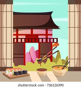 Japanese cuisine dishes with traditional historic building on background orthogonal composition with soy sauce sushi vector illustration 