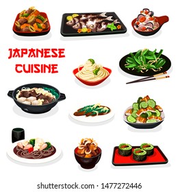 Japanese cuisine fish and meat dishes served with noodles and rice. Vector sushi rolls, beef vegetable stew, cucumber eel and green pepper salads, baked mackerel and scallop with beans