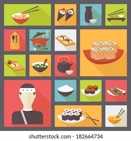 Japanese cuisine, food icons set, flat design vector