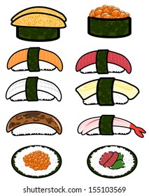 Japanese cuisine food of salmon tuna salmon roe sweet egg prawn foe gras squid and ikura Sushi icon collection set in isolated background, create by vector