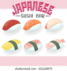 Japanese cuisine food Sushi salmon tuna bass hamachi sweet egg prawn imitation crabmeat stick icon collection set in isolated background with text header, create by vector