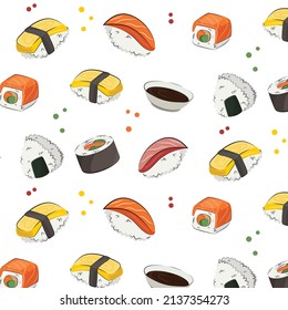 Japanese cuisine, food. vector pattern flat illustration isolated on white background. sushi rolls onigiri soy sauce set seamless pattern. stock picture. for restaurant menus and posters. delivery