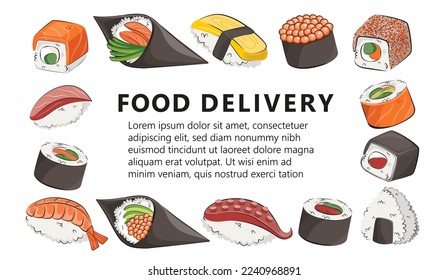 japanese cuisine frame, asian food. for restaurant menus and posters. delivery sites vector flat illustration isolated on white background. sushi rolls onigiri soy sauce set. stock picture