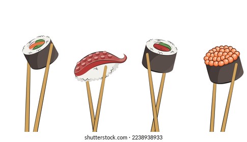 japanese cuisine, hand with chopsticks, asian food. for restaurant menus and posters. delivery sites vector flat illustration isolated on white background. sushi rolls onigiri soy sauce set. 