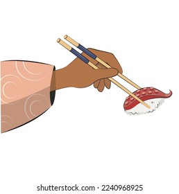 japanese cuisine, hand with chopsticks, asian food. for restaurant menus and posters. delivery sites vector flat illustration isolated on white background. sushi rolls onigiri soy sauce set