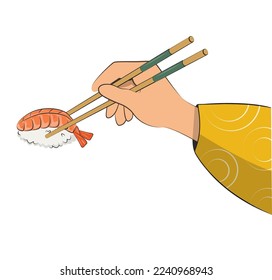 japanese cuisine, hand with chopsticks, asian food. for restaurant menus and posters. delivery sites vector flat illustration isolated on white background. sushi rolls onigiri soy sauce set. stock 