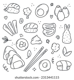 Japanese cuisine hand drawn set. Asian food ingredients. Simple ink doodle sketch style, traditional food of japan. Isolated outline vegetables, meat and seafood, vector illustration