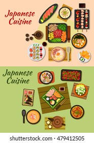 Japanese cuisine icon of sushi, sashimi, grilled beef with vegetables, seafood skewers, fried shrimps and chicken liver, chicken and prawn cream soups, beef noodles, seafood and tofu soups, tea