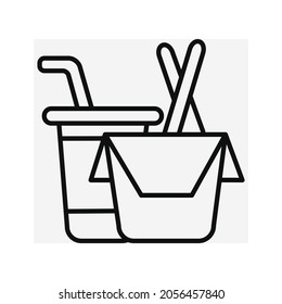 Japanese cuisine. Icon. Wok box with chopsticks and drink. Menu, food, button, line drawing. Vector. Flat style.