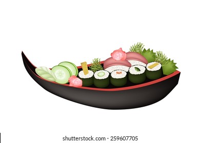 Japanese Cuisine, Illustration of Avocado Maki, Cucumber Maki, Surimi Maki, Omelett Sushi Roll and Tuna Sushi on Wooden Boat. 
