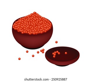 Japanese Cuisine, Illustration of Delicious Red Caviar Salmon Roe or Ikura for Sushi and Sashimi on Japanese Donburi Bowl. 