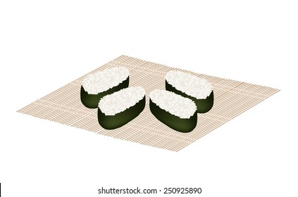 Japanese Cuisine, Illustration of Delicious Red Caviar Salmon Roe or Ikura for Sushi and Sashimi on Japanese Donburi Bowl. 