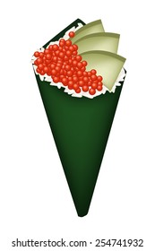 Japanese Cuisine, Illustration of Delicious Salmon Eggs with Avocado in Temaki Sushi, Cone Sushi or Hand Roll Sushi  Isolated on White Background. 