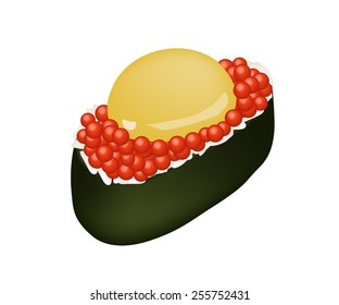 Japanese Cuisine, Illustration of Delicious Salmon Eggs Sushi or Ikura Maki Sushi with Uzura or Raw Quail Egg Sushi. 