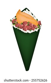 Japanese Cuisine, Illustration of Delicious Temaki Tuna and Uni or Tuna and Sea Urchin Hand Roll Sushi Topping with Chopped Spring Onions. 