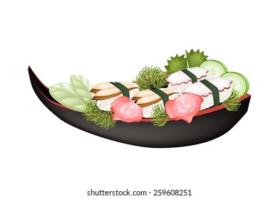 Japanese Cuisine, Illustration of Delicious Unagi Sushi and Squid Nigiri with Wasabi and Pikled Giger on Sushi Boat. 