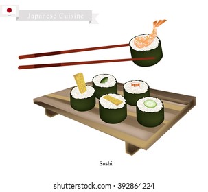 Japanese Cuisine, Illustration of Ebi Tempura, Tamagoyaki, Surimi, Cucumber and Avocado Sushi Roll. One of The Most Popular Dish in Japan.