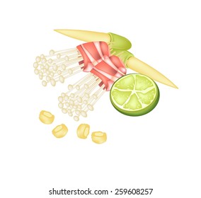 Japanese Cuisine, Illustration of Enoki Mushroom or Golden Needle Mushroom and Bacon Served with Baby Corn and Lime Isolated in White Background. 
