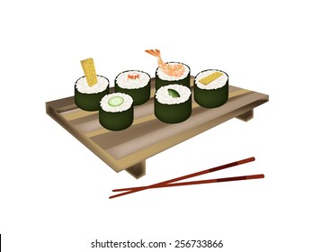 Japanese Cuisine, Illustration of Fresh Ebi Tempura, Tamagoyaki, Surimi, Cucumber and Avocado Sushi Roll on Geta Plate with Chopstick. 