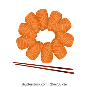 Japanese Cuisine, Illustration of Fresh Salmon Sashimi or Sake Sashimi Isolated in White Background. 