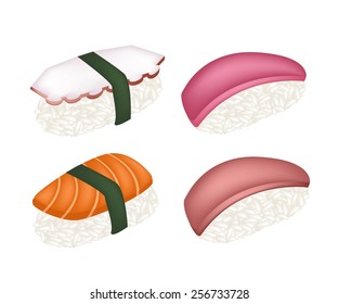 Japanese Cuisine, Illustration of Fresh Salmon Sushi, Maguro Sushi, Tuna Sushi and Tako Nigiri Isolated on White Background. 