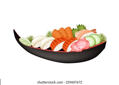 Japanese Cuisine, Illustration of Fresh Salmon Sushi, Tako Sushi, Ebi Sushi with Salmon Sashimi and Wasabi on Sushi Boat. 
