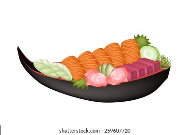 Japanese Cuisine, Illustration of Fresh Salmon Sashimi or Sake Sashimi and Tuna Sashimi on Sushi Boat. 