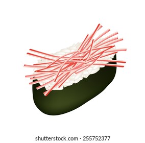 Japanese Cuisine, Illustration of Fresh Surimi Nigiri or Crab Stick Sushi Isolated on White Background. 