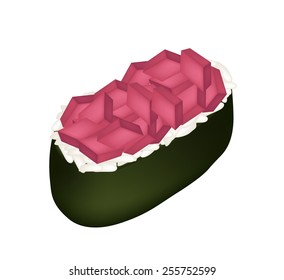 Japanese Cuisine, Illustration of Fresh Tuna Sushi Meat Cubes or Tuna Nigiri Isolated on White Background. 