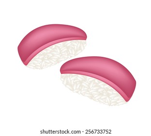 Japanese Cuisine, Illustration of Fresh Tuna Sushi or Maguro Nigiri Isolated on White Background. 