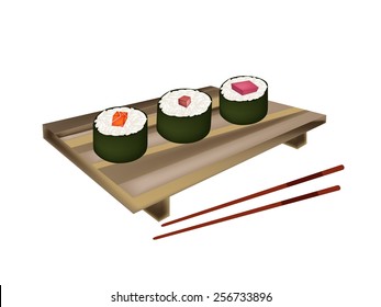 Japanese Cuisine, Illustration of Fresh Tuna Sushi Roll, Maguro Makizushi and and Salmon Norimaki Sushi Geta Plate with Chopstick. 