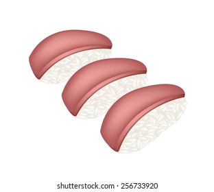 Japanese Cuisine, Illustration of Fresh Tuna Sushi or Maguro Nigiri Isolated on White Background. 
