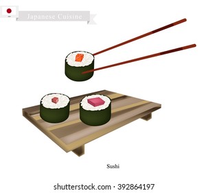 Japanese Cuisine, Illustration of Fresh Tuna Sushi Roll, Maguro Makizushi and and Salmon Norimaki Sushi. One of Most Popular Dish in Japan.