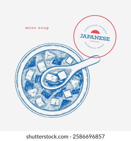 Japanese Cuisine Illustration. Miso Soup Hand Drawn Vector Illustrations. Retro Asian Food Isolated Image.