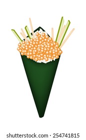 Japanese Cuisine, Illustration of Orange Tobiko Temaki or Salmon Eggs Hand-Roll Sushi with Julienne Cucumber and Carrot. 