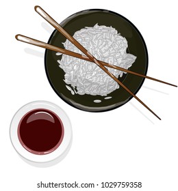 Japanese Cuisine, Illustration of Rice Donburi/Bowl/Cup and soy sauce Isolated 
