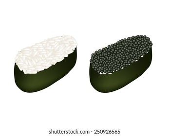 Japanese Cuisine, Illustration of Rice Maki and Black Ebiko Sushi, Tobiko Sushi or Flying Fish Caviar Sushi Isolated on White Background. 