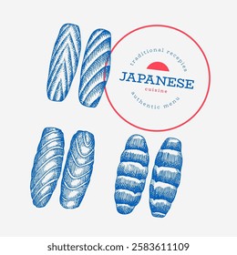 Japanese Cuisine Illustration. Sushi Hand Drawn Vector Illustrations. Retro Asian Food Isolated Image.