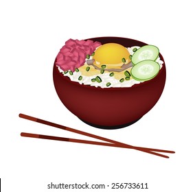 Japanese Cuisine, Illustration of White Steamed Rice Topping with Raw Egg and Tuna in Donburi Bowl Isolated on A White Background. 