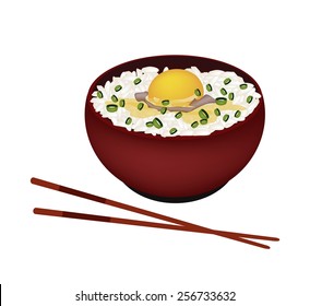 Japanese Cuisine, Illustration of White Steamed Rice with Raw Egg, Scallion and Sauce in Donburi Bowl Isolated on A White Background. 