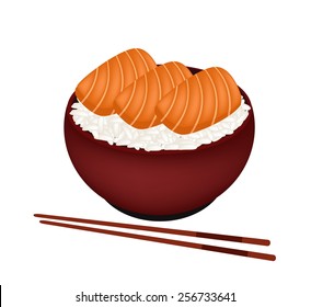 Japanese Cuisine, Illustration of White Steamed Rice Topping with Salmon in Donburi Bowl Isolated in White Background. 