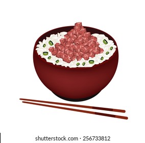 Japanese Cuisine, Illustration of White Steamed Rice Topping with Maguro Cube in Donburi Bowl Isolated in White Background. 